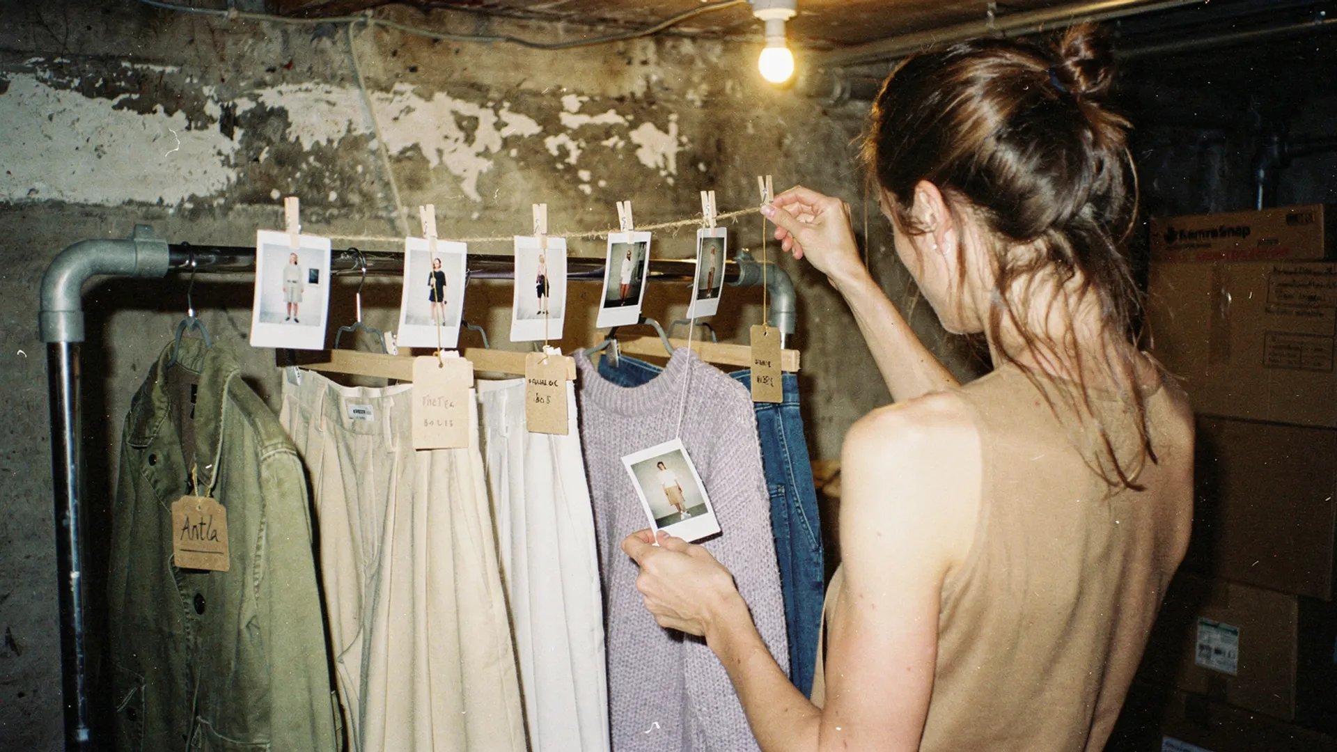 Stylist clipping instant photos of outfits to twine above a garment rack, each photo tagged to the pieces hanging below