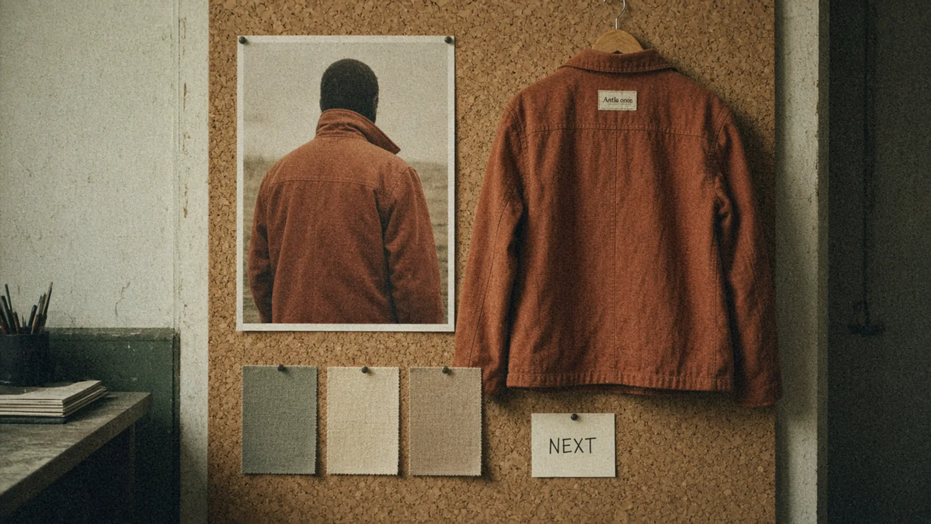 Cork wall with a rust-jacket photo, the same jacket on a hanger, three swatches, and a NEXT card