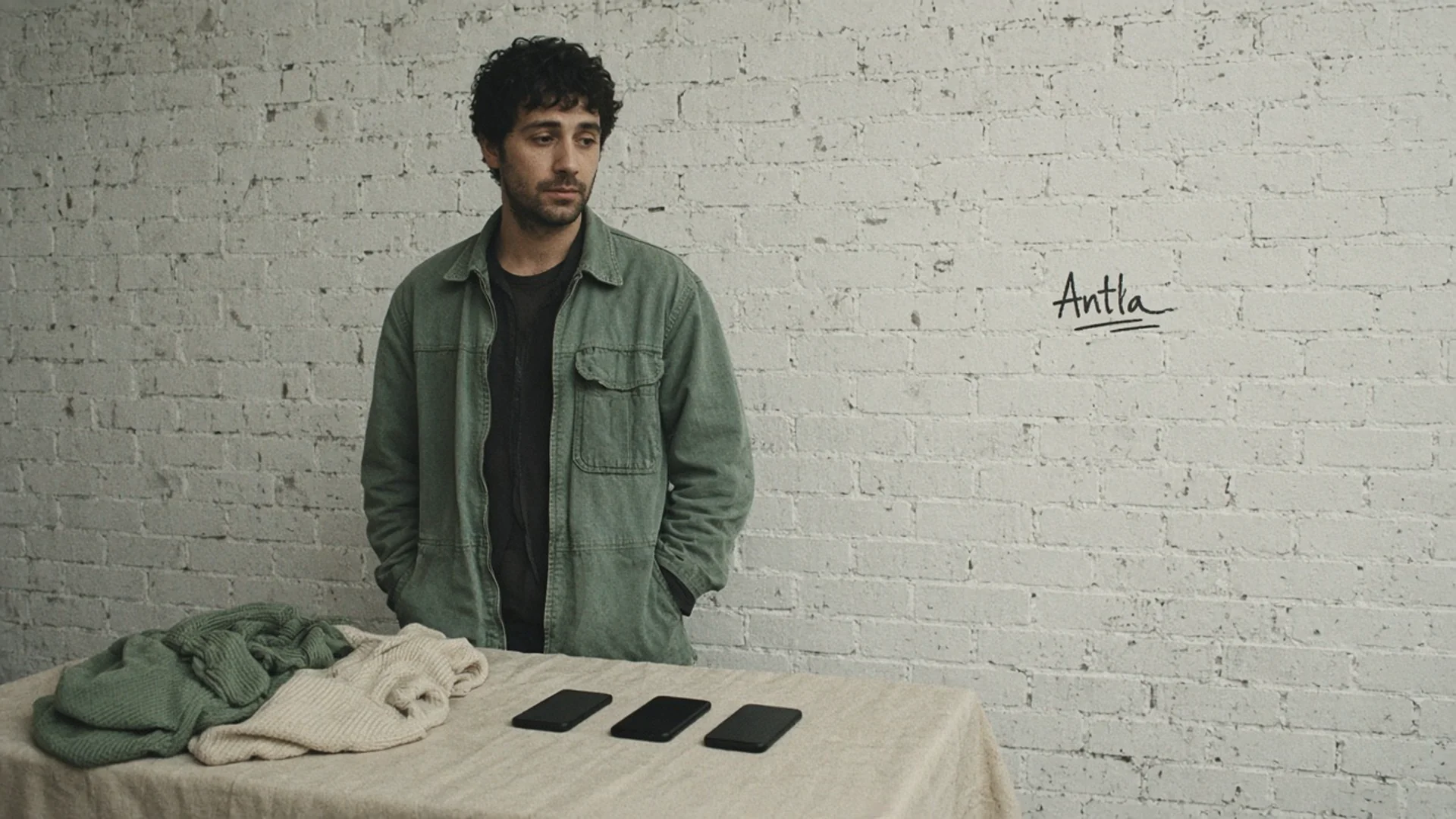 Implementer with two phones face up on a cutting table, checking a fashion product page across two Shopify themes