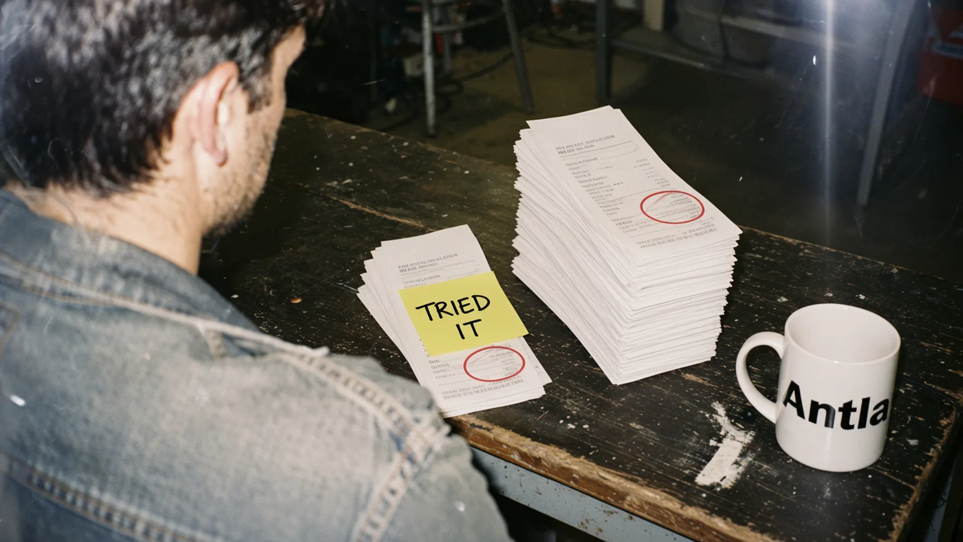 Small stack of receipts marked tried it beside a much larger unmarked stack on a work table