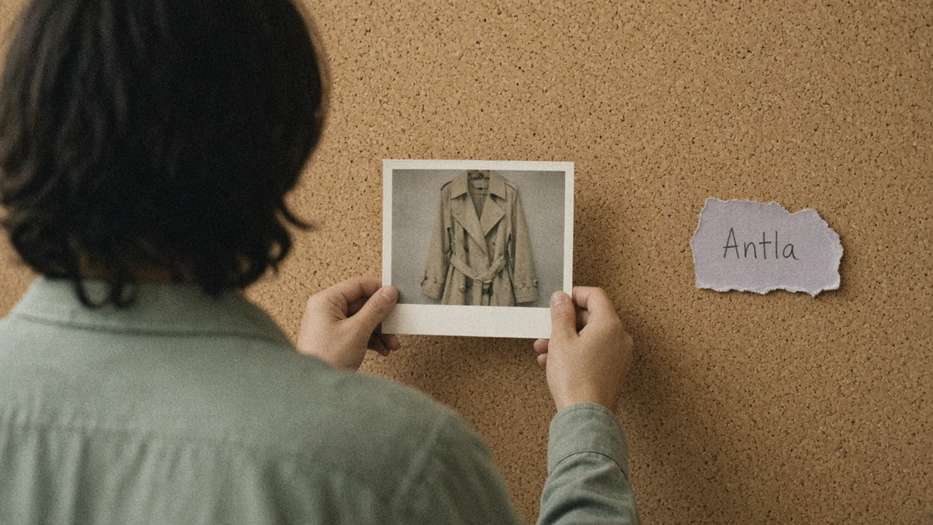 Person seen from behind holding a printed trench coat photo against a cork board, a torn label reading Antla to the right