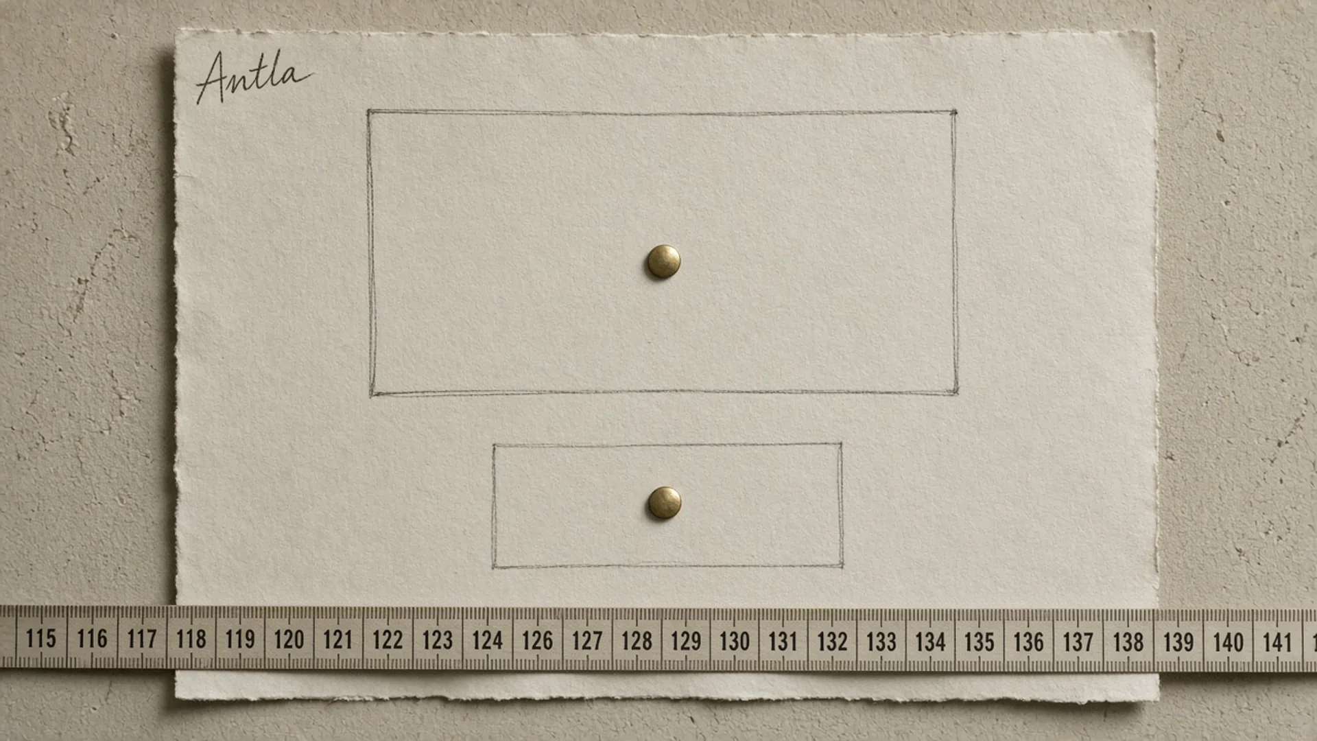 Hand-drawn product page with two pins marking gallery and purchase-area placements, and a ruler