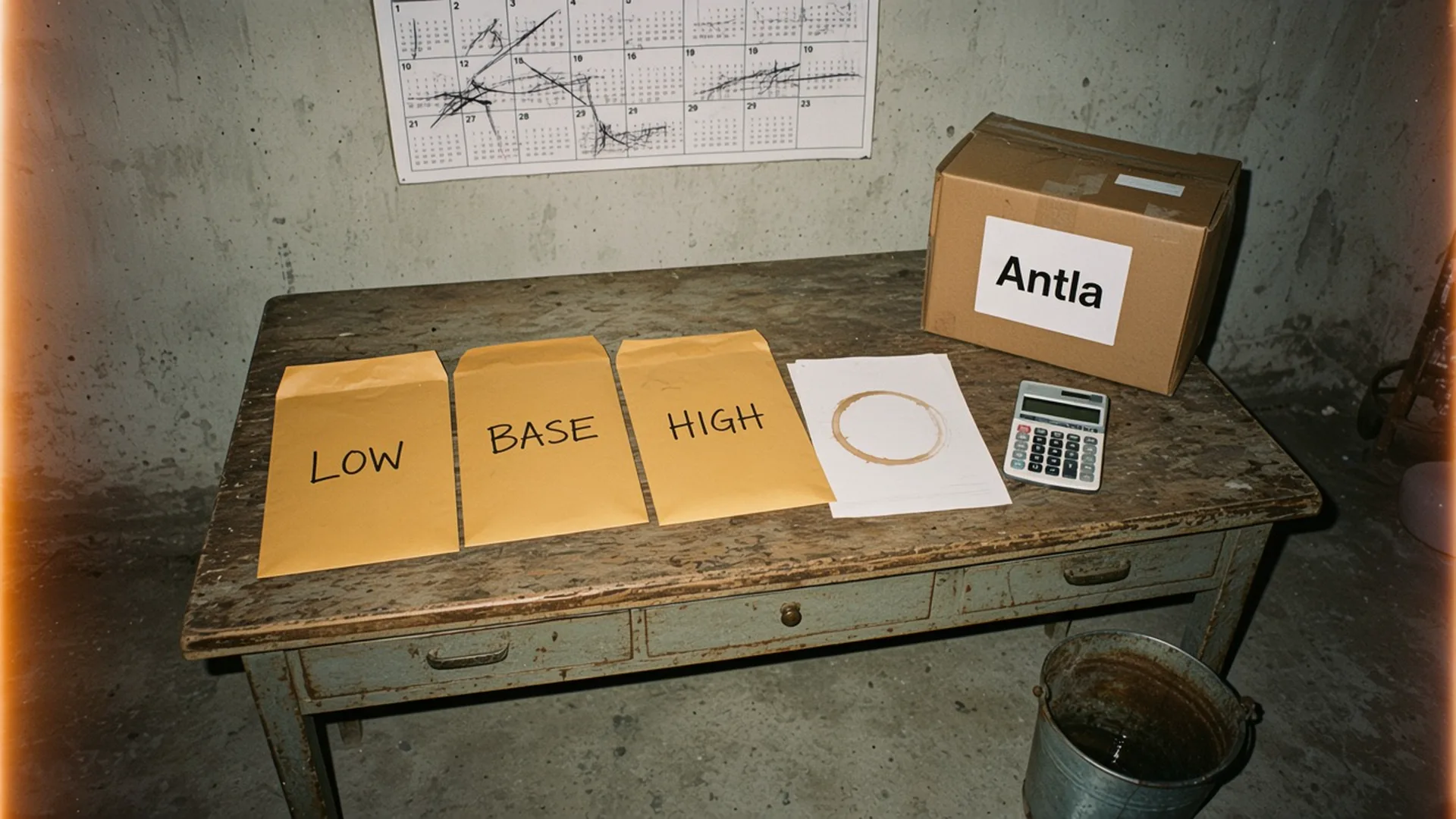 Three envelopes marked low, base, and high beside a calculator, a crossed-out calendar, and a returns box