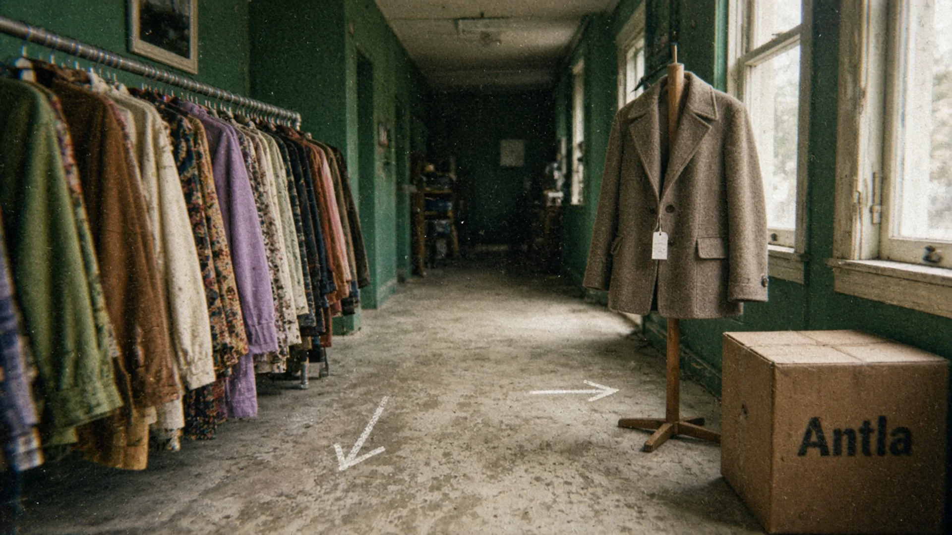 Boutique hallway with a packed rack, a single jacket on a stand, and chalk arrows on the floor