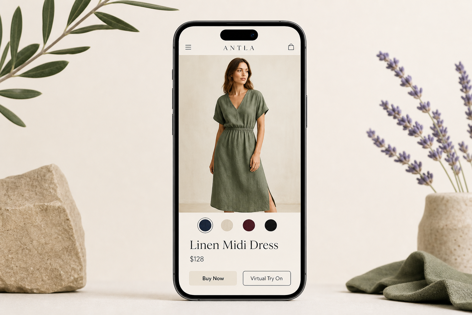 Shopify fashion product page with color swatches filtering variant images and Antla virtual try-on button on mobile