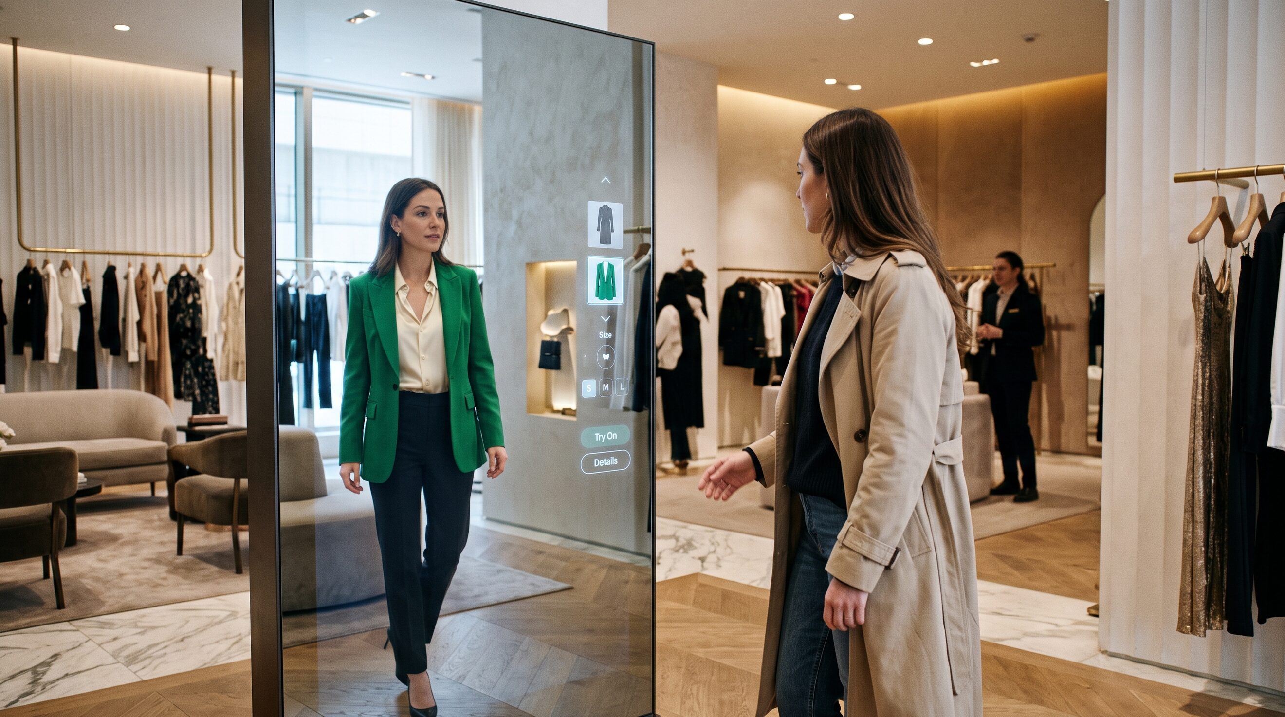 Shopper using an in-store virtual try-on screen in a clothing store